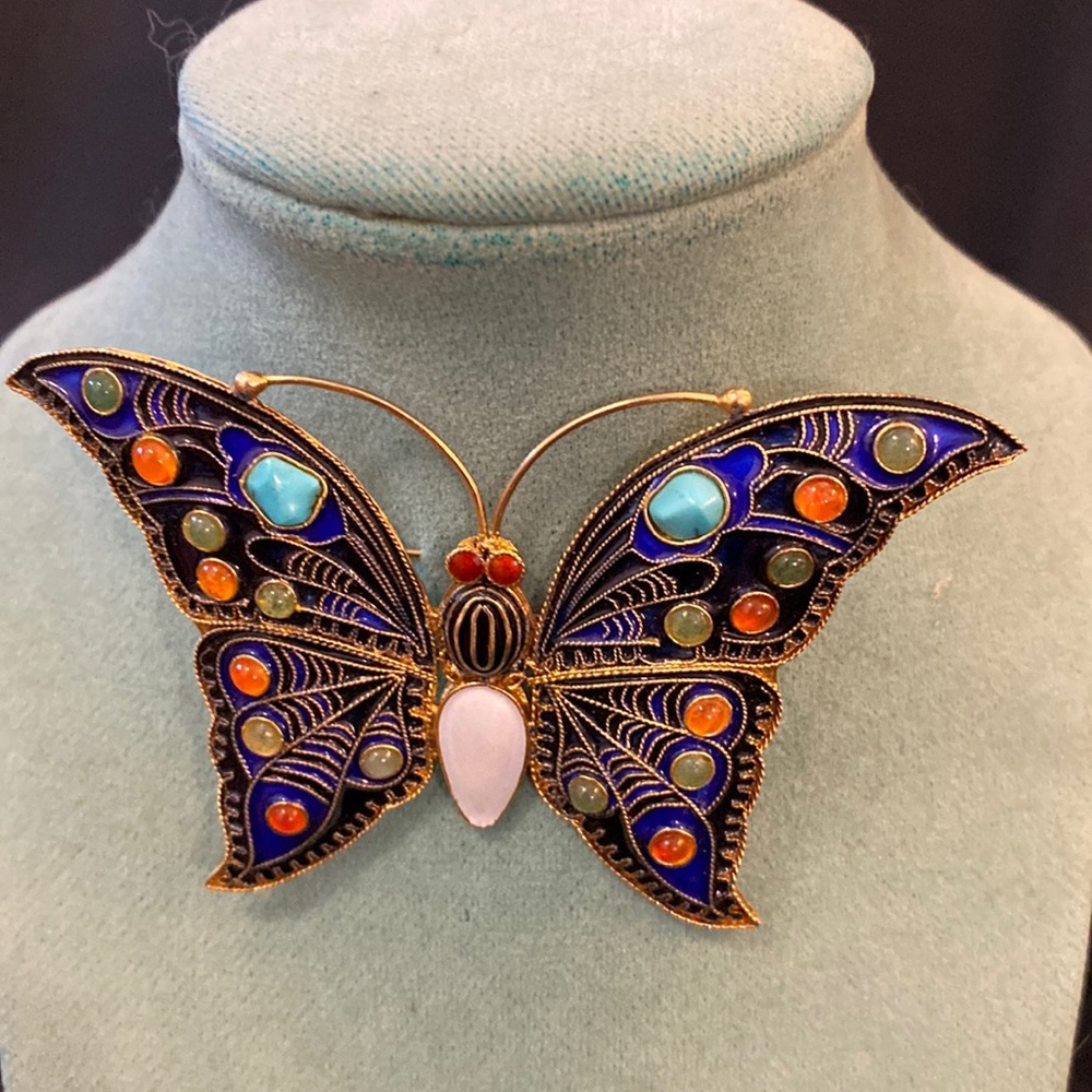 MMA CLEO Sterling Silver Enamel Multi-Precious Stones Butterfly Brooch